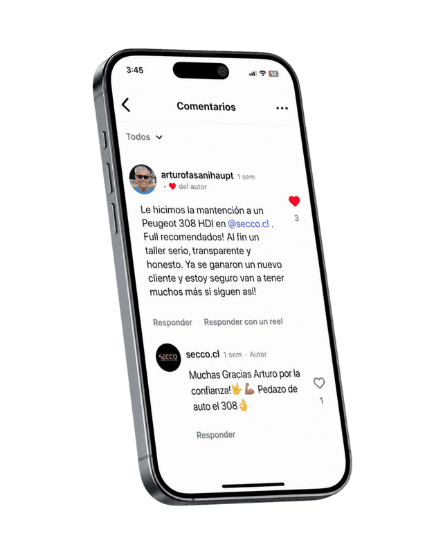 Comentario de Instagram de un cliente SECCO en pantalla de iPhone